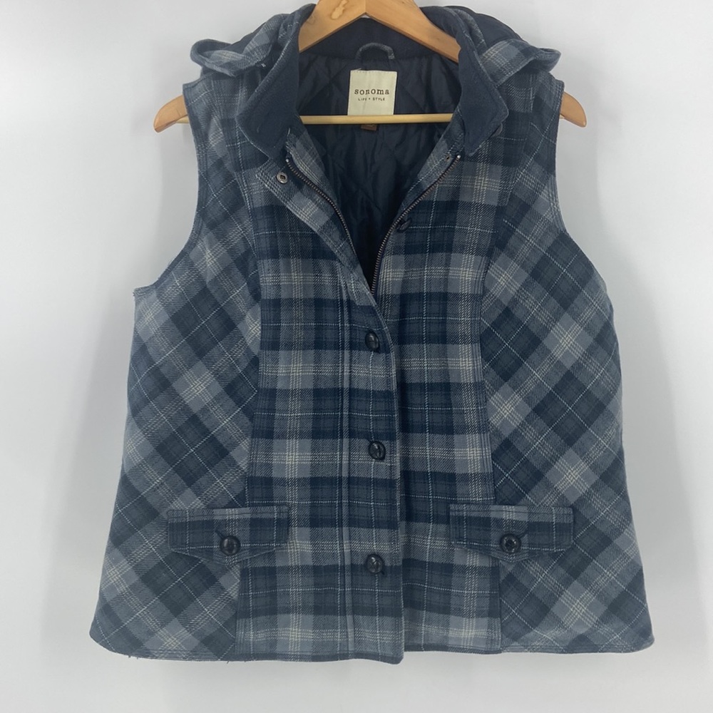 Sonoma plaid muted blue and grey vest with hood comfort cozy zip front preppy XL
